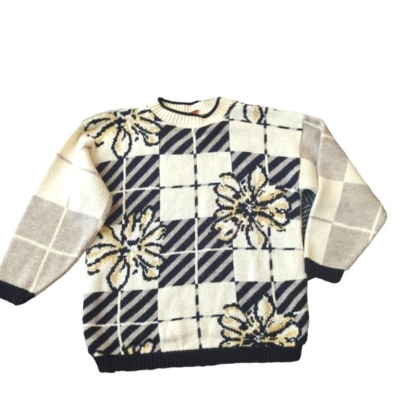 Vtg 90s Spunky cream/ gray/Black/Lurex Geometric pattern knit sweater sz M - Picture 1 of 8